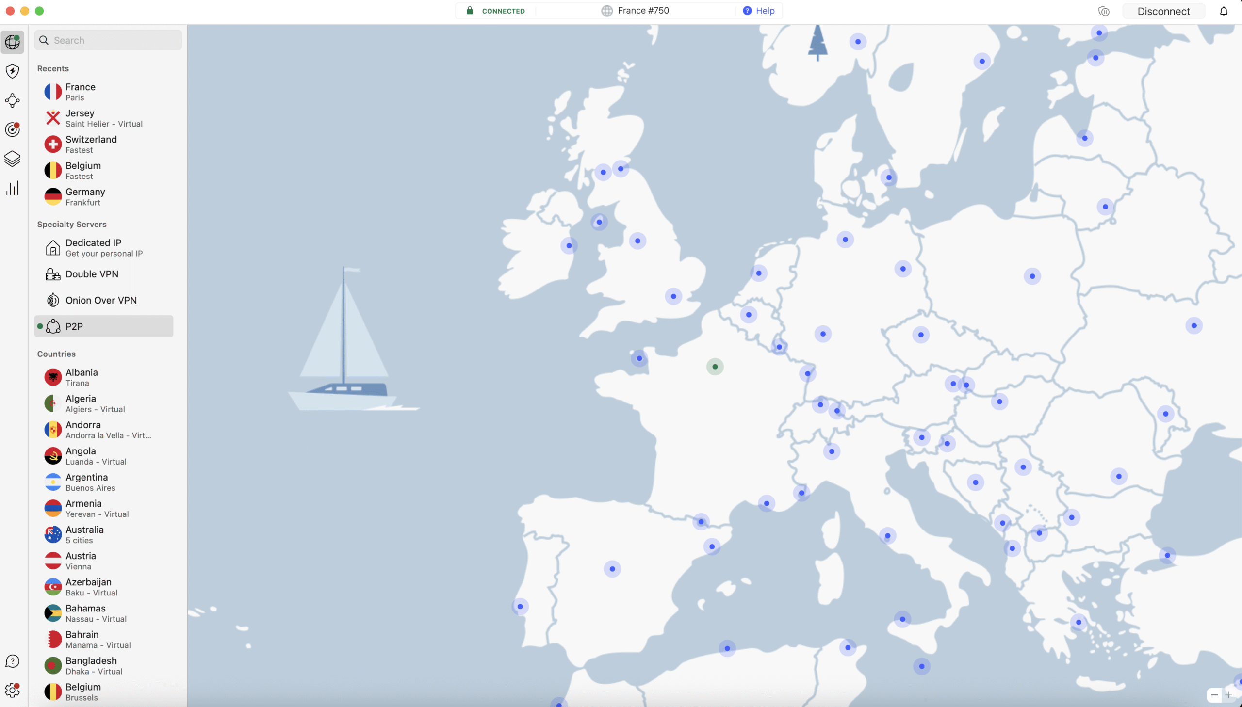 Interface NordVPN montrant une connexion active au serveur France #750 sur la carte d'Europe.