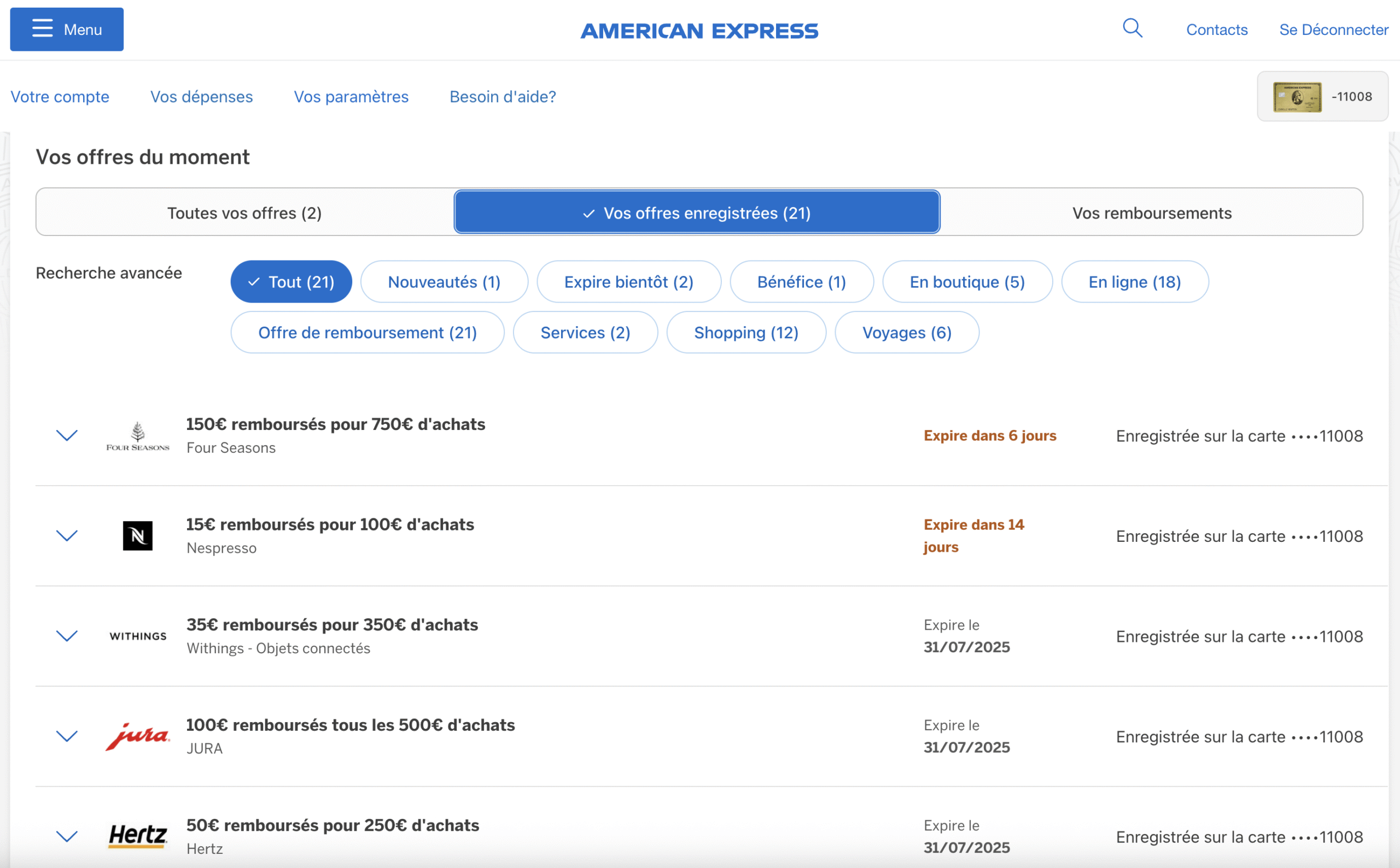Interface American Express affichant des offres de remboursement sur achats avec logos de marques partenaires visibles.