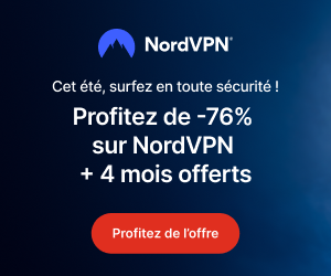 Offre estivale NordVPN avec réduction de 76 % et quatre mois gratuits sur fond bleu.
