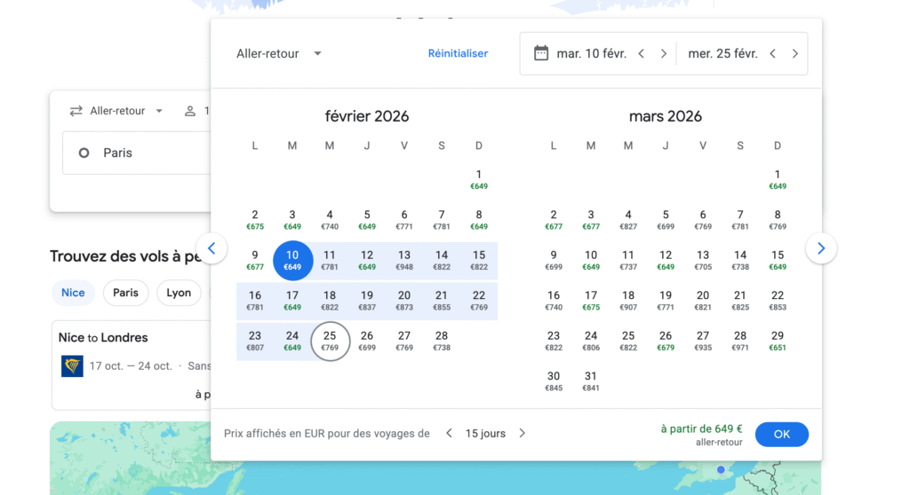 Capture d'écran de Google Flights affichant un calendrier de vols aller-retour entre Paris et Nice en 2026.
