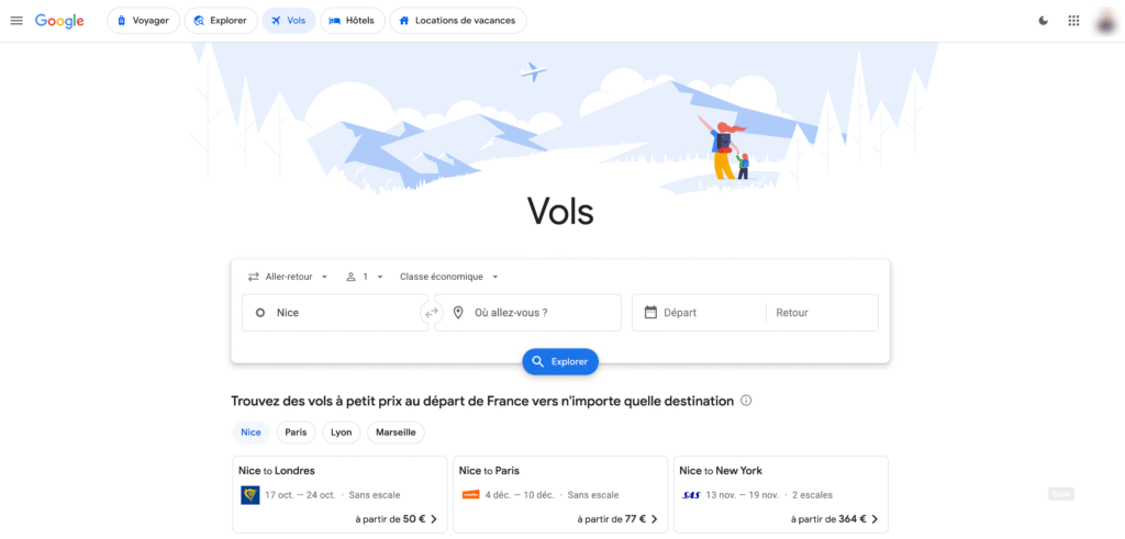 Page Google Flights avec recherche de vols depuis Nice et suggestions vers Londres, Paris et New York.