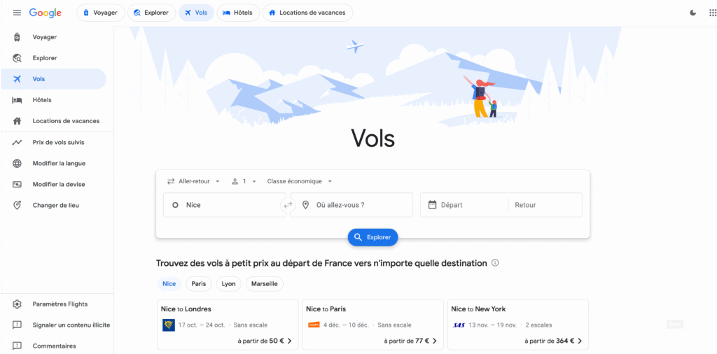Page Google Flights affichant des résultats de vols au départ de Nice avec différentes destinations et prix.