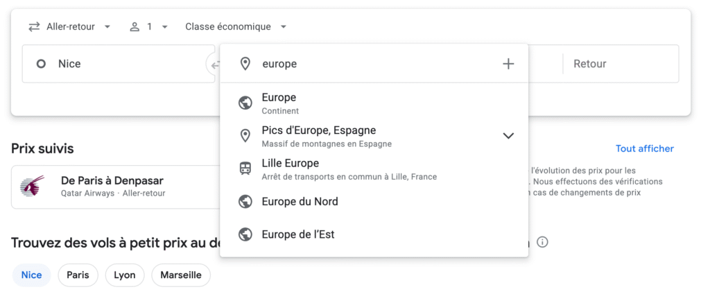 Interface Google Flights affichant une recherche de vol Nice vers Europe avec suggestions de destinations.