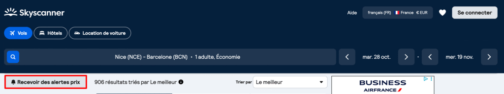 Page Skyscanner affichant une recherche de vols Nice vers Barcelone avec option d'alerte prix.