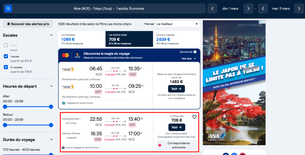Page Skyscanner affichant des vols Nice vers Tokyo avec prix, durées et compagnies aériennes.