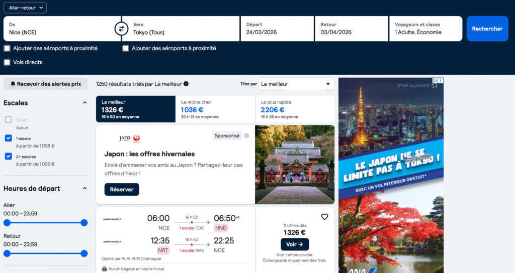 Page Skyscanner affichant les prix des vols Nice vers Tokyo avec options, escales et annonces.