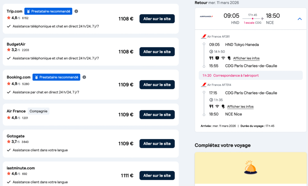 Comparaison de prix pour vols retour Tokyo-Nice via CDG sur Skyscanner avec prestataires recommandés.