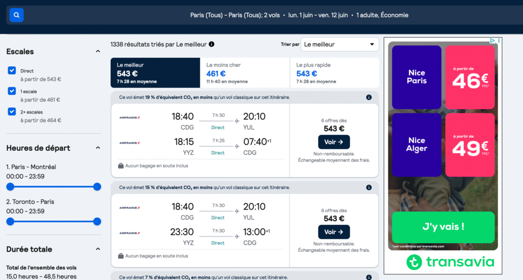 Page Skyscanner affichant des vols directs Paris-Montréal avec prix, horaires et filtres visibles à gauche.