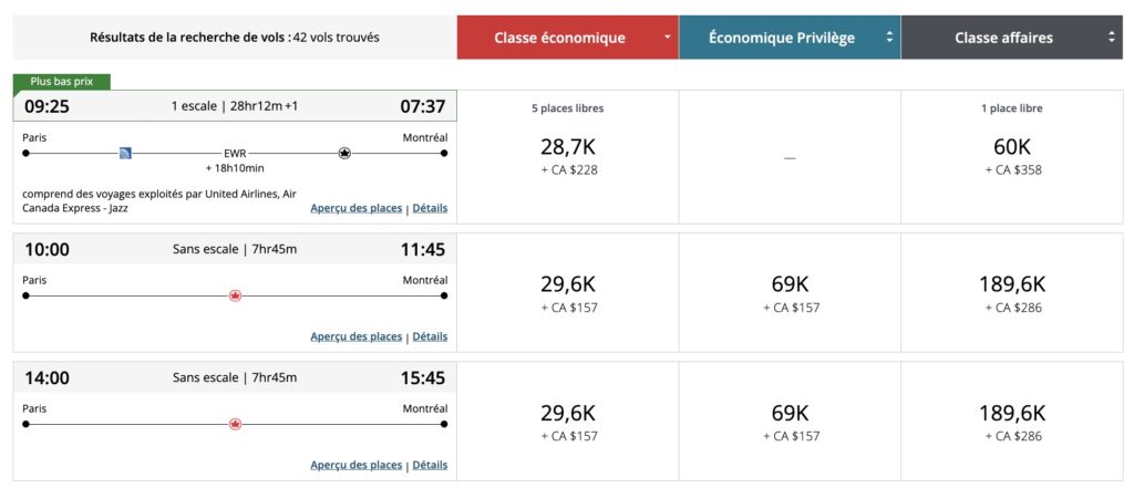 Aéroplan Paris - Montréal en points