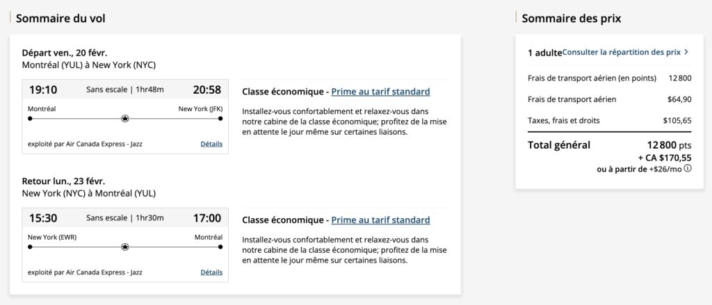 Aéroplan Montréal - New York en points