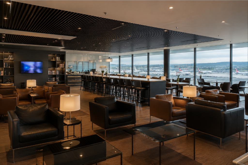 Illustration d’un salon VIP à l’aéroport de Zurich_ChatGPT Image