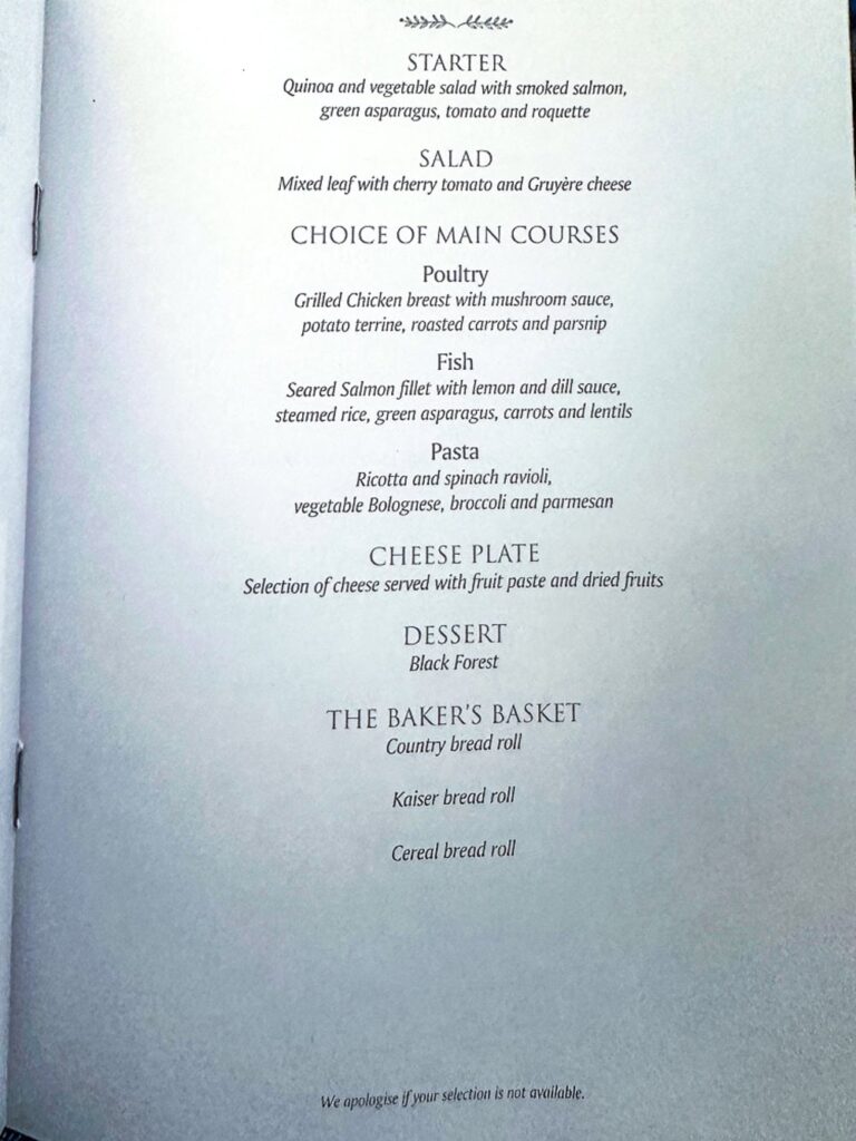 Menu du vol Air Mauritius A330neo présentant les choix de repas servis à bord en classe affaires.