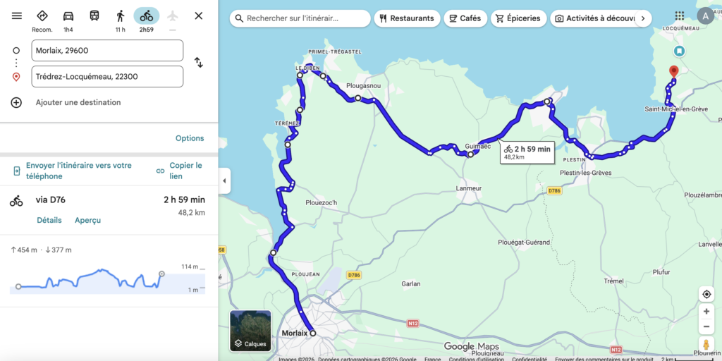Itinéraire cycliste de 48,2 km reliant Morlaix à Trédrez-Locquémeau via la D76, affiché sur Google Maps.