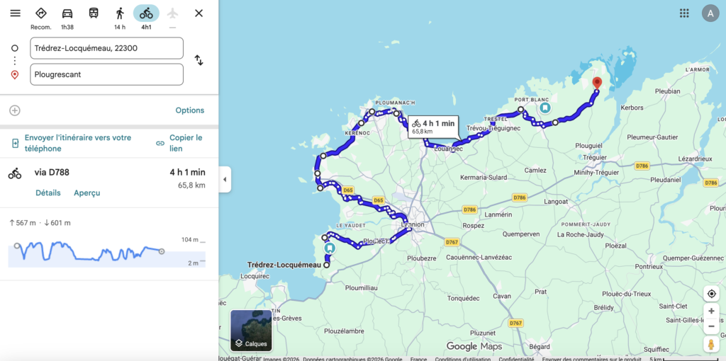 Itinéraire cycliste Google Maps de Trédrez-Locquémeau à Plougrescant via Lannion et la D788, 65,8 km.