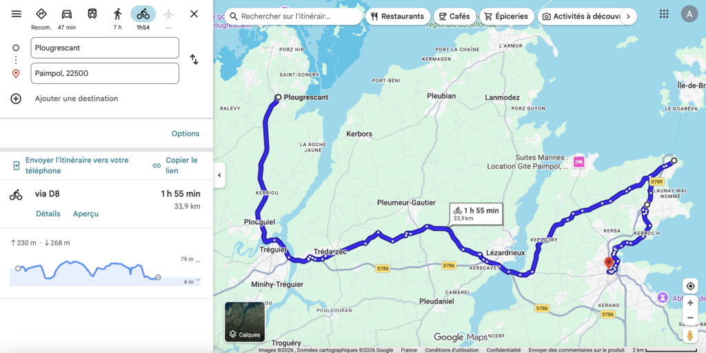 Itinéraire cycliste Google Maps de Plougrescant à Paimpol via la D8 sur 33,9 km en 1 h 55.