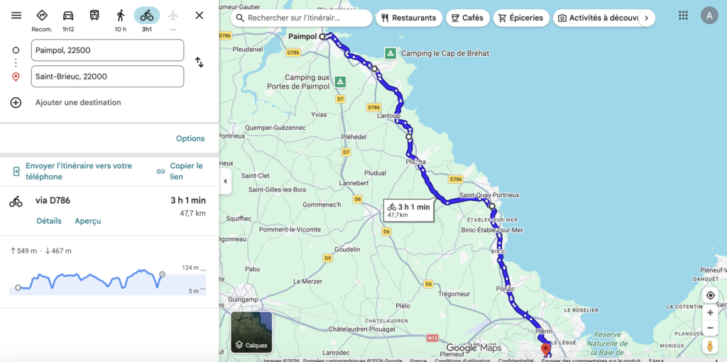 Itinéraire cycliste Google Maps de Paimpol à Saint-Brieuc via la D786, distance 47,7 km en 3 h 1 min.