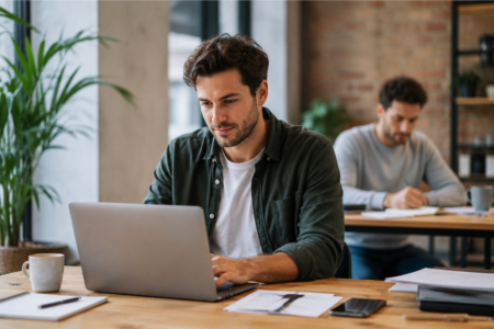 Entrepreneur travaillant sur son ordinateur portable dans un espace de coworking moderne