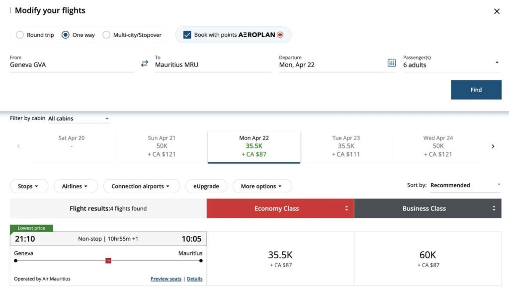 Recherche de vol Aeroplan de Genève à Maurice avec Air Mauritius en classe affaires ou économique.