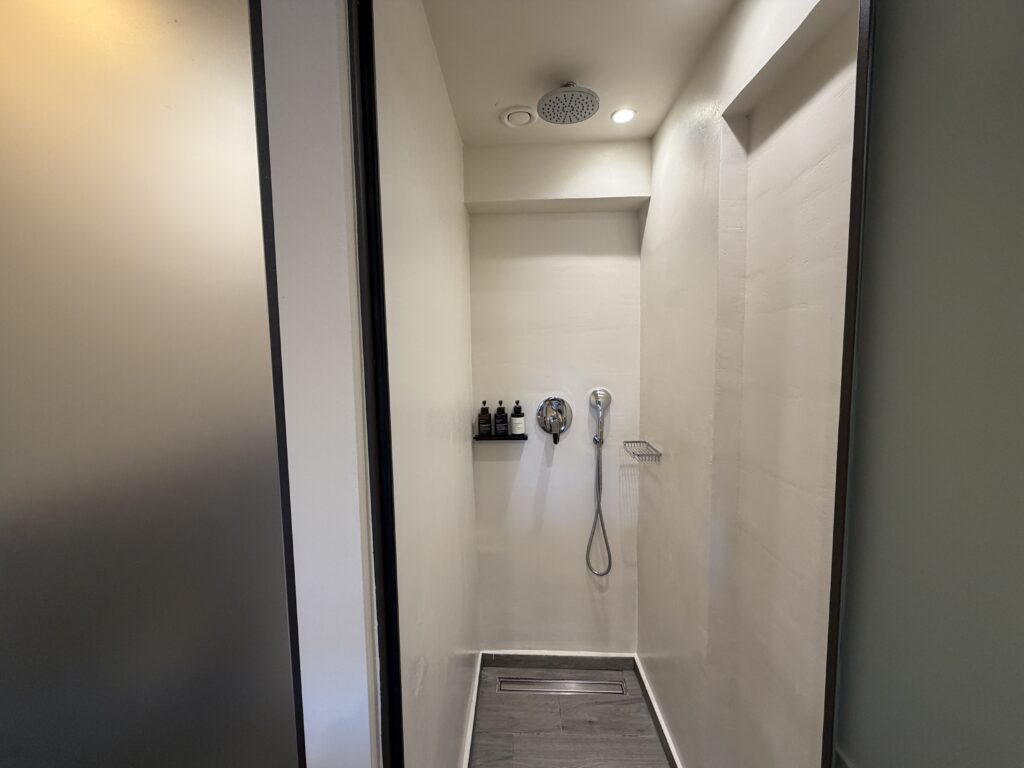 Douche moderne aux murs clairs avec pommeau de pluie et produits disposés sur une étagère.