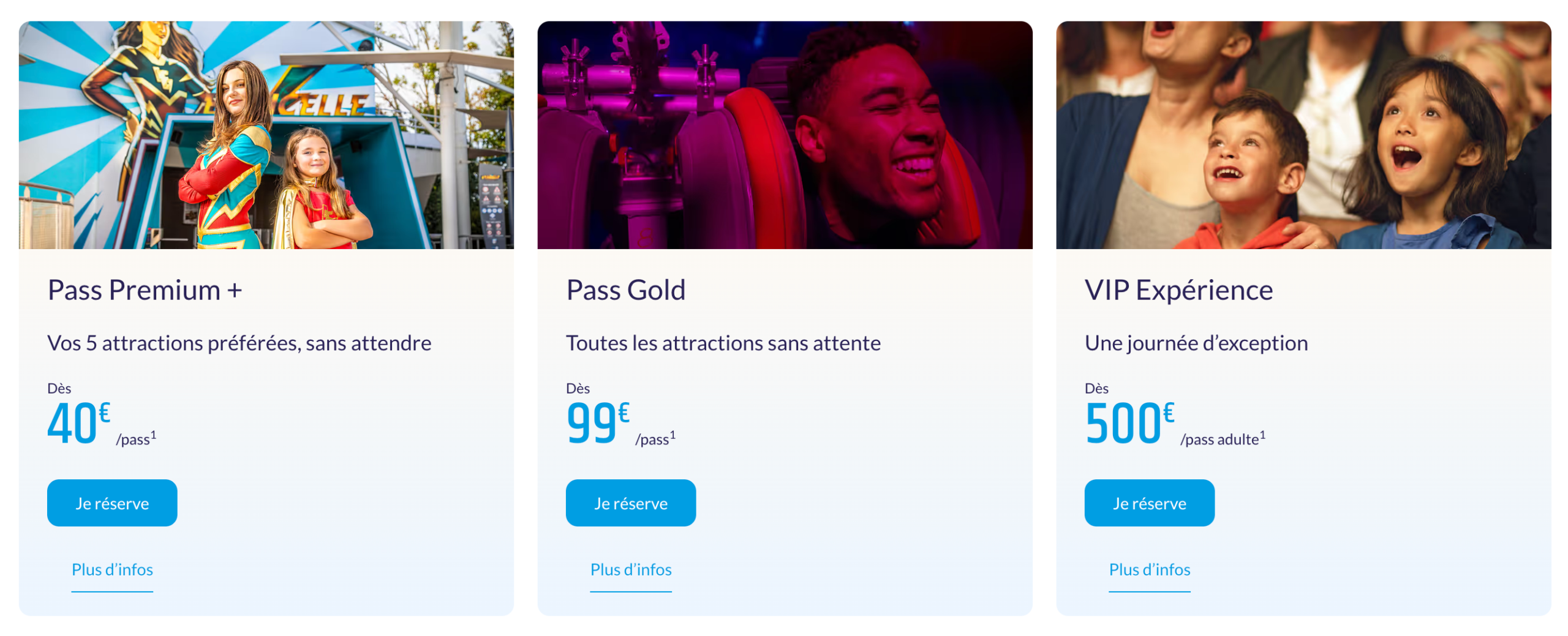 Visuel des pass coupe-file du Futuroscope présentant les formules Premium+, Gold et VIP Expérience
