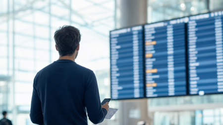 Voyageur dans un hall d'aéroport consultant son téléphone et sa carte d'embarquement devant un tableau d'affichage des vols