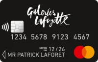 Carte noire Galeries Lafayette Mastercard avec puce, logo sans contact et nom MR PATRICK LAFORET visible.
