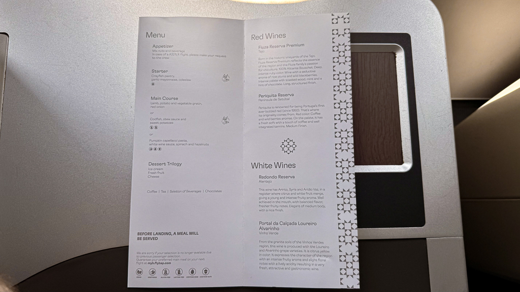 Carte des repas de la classe Affaires TAP Air Portugal vers Boston