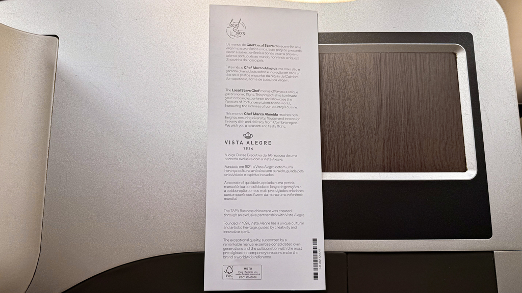 Menu de la classe Affaires TAP Air Portugal sur la liaison Lisbonne Boston