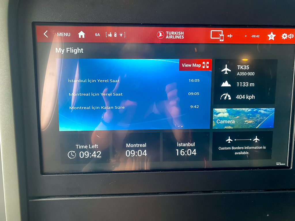 Système de divertissement du vol Istanbul Montréal en classe affaires Turkish Airlines A350