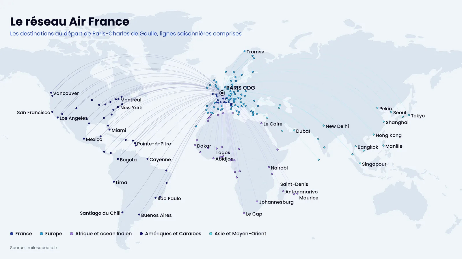 Carte du monde des destinations desservies par Air France au départ de Paris-Charles de Gaulle