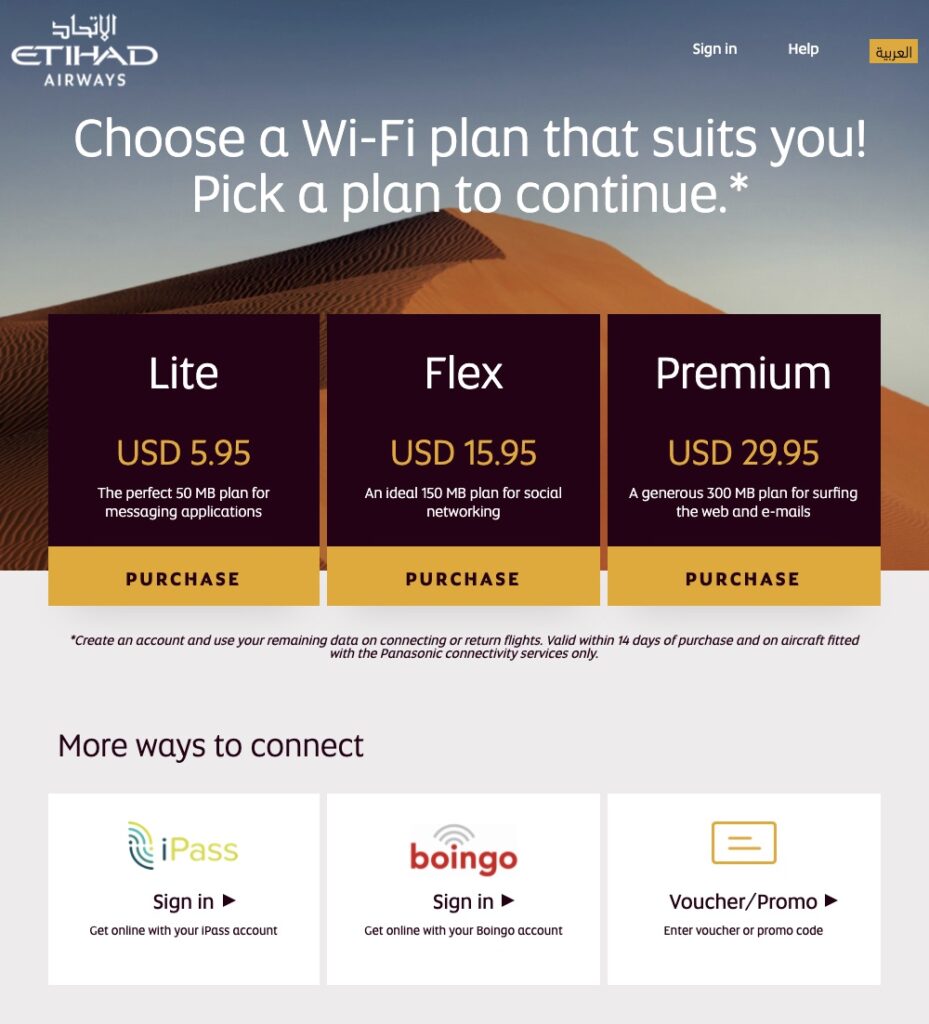 Tarifs Wi-Fi Etihad Airways